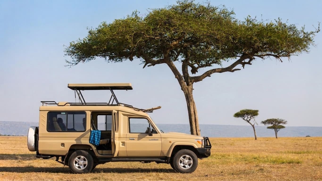 A safari vehicle parked beneath an acacia tree on the savannah